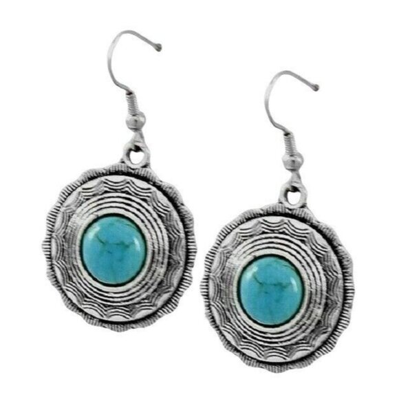 ESC Jewelry - Silver Turquoise Scalloped Medallion Cowgirl Western Rockabilly BOHO Earrings